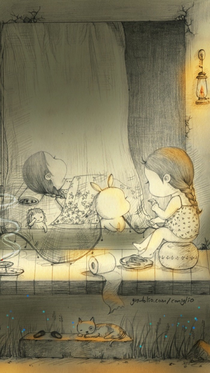 少女与兔子插画,兔子手绘创意插画