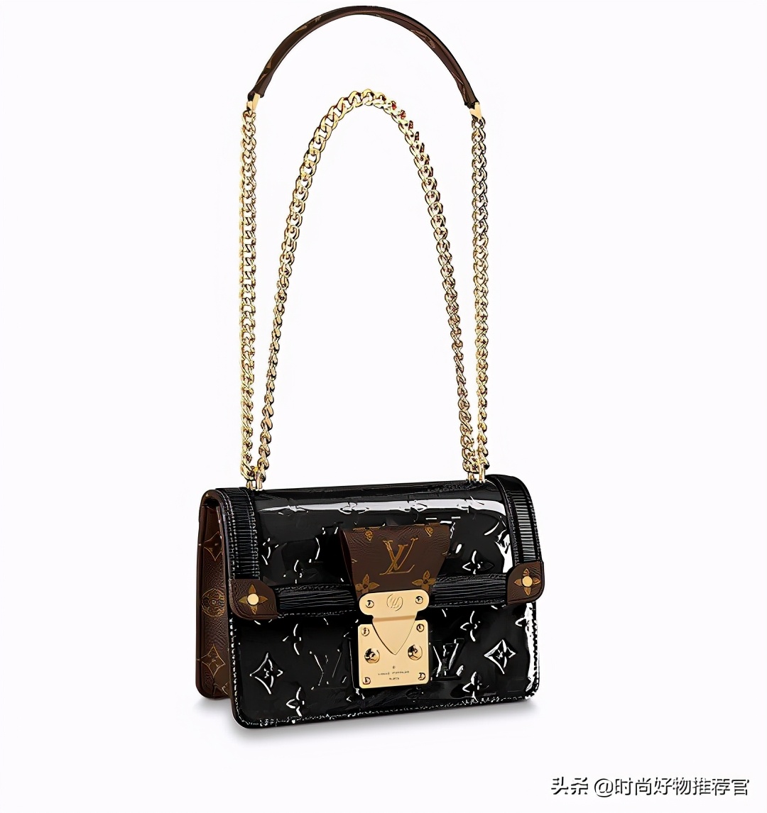 lv黑色牛皮压花邮差包新款有链条,lv新包真皮包