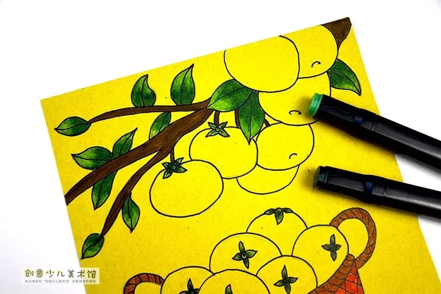 儿童水墨画篮子里的柿子,儿童绘画一篮子柿子作品