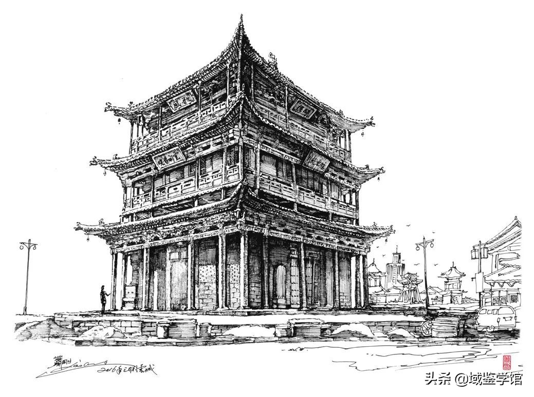 另类钢笔手绘,钢笔速写古建风景