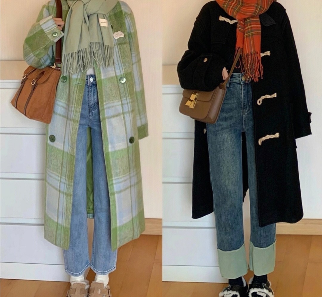 大衣牛仔裤毛衣穿衣搭配,男生蓝色牛仔裤配什么颜色的毛衣