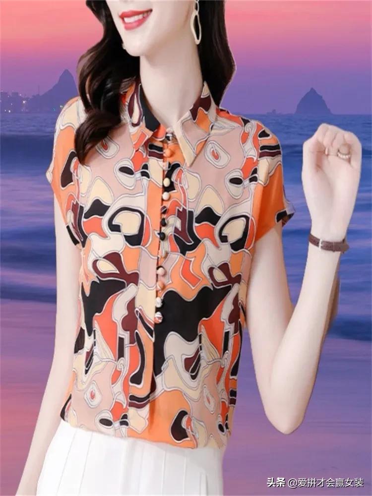 夏季新款桑蚕丝薄款短袖衬衫中年,桑蚕丝衬衫女款高档小碎花