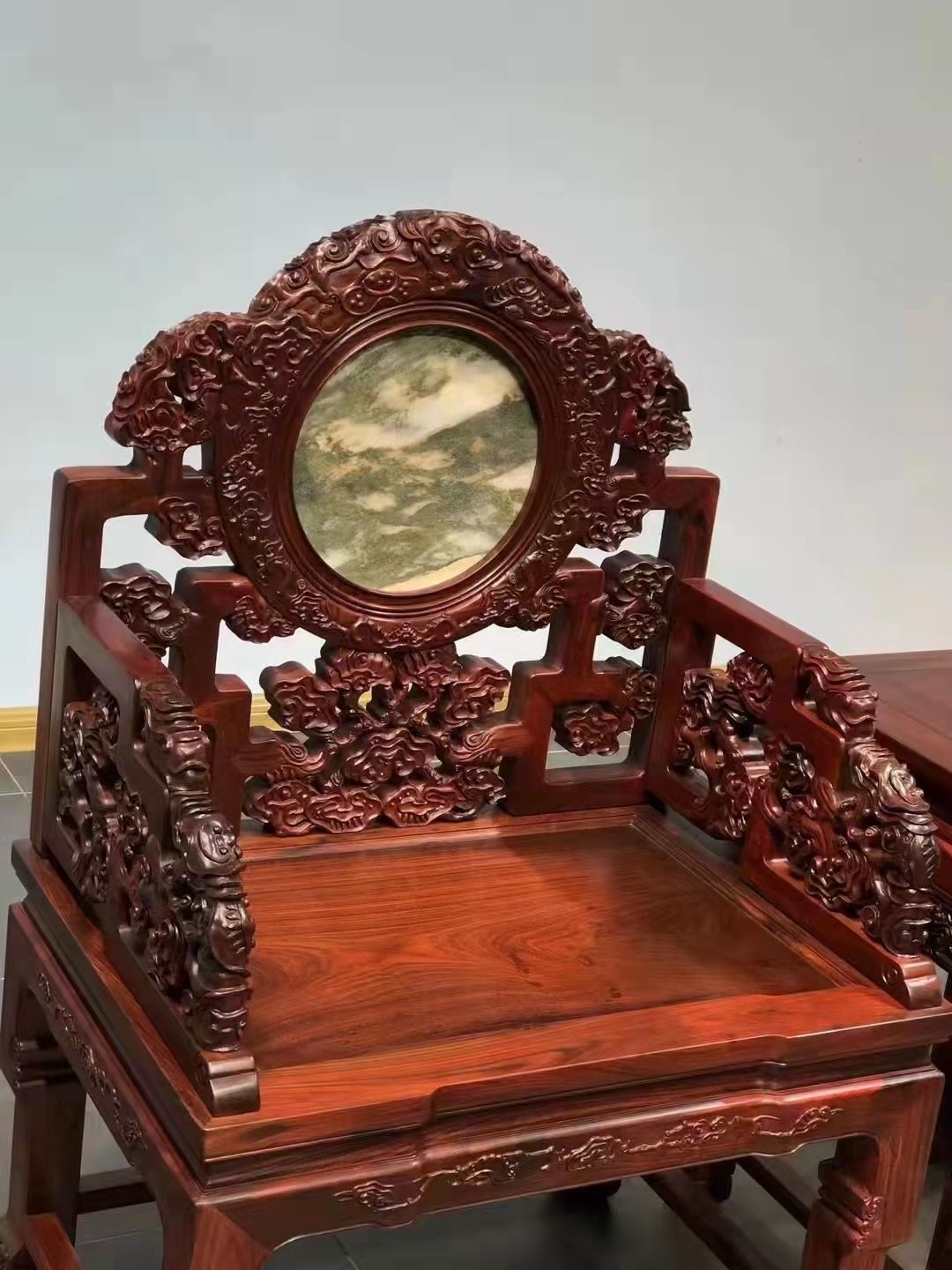 大红酸枝宝座三件套,大红酸枝灵芝太师椅三件套价格