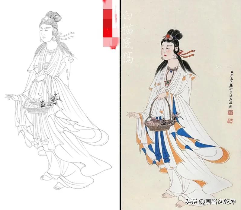 张大千临摹敦煌壁画白描稿,张大千工笔人物头部白描