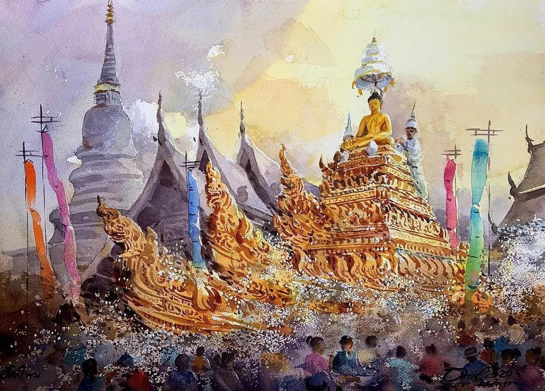 泰国水彩,泰国水彩画家绘画过程