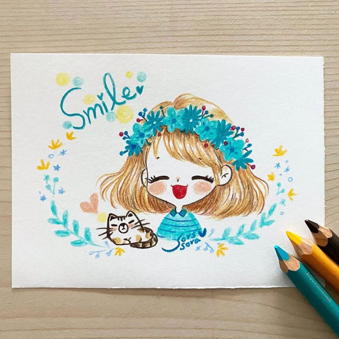 彩铅绘画7-15岁简笔画可爱又简单,可爱彩铅简笔画简单的少女