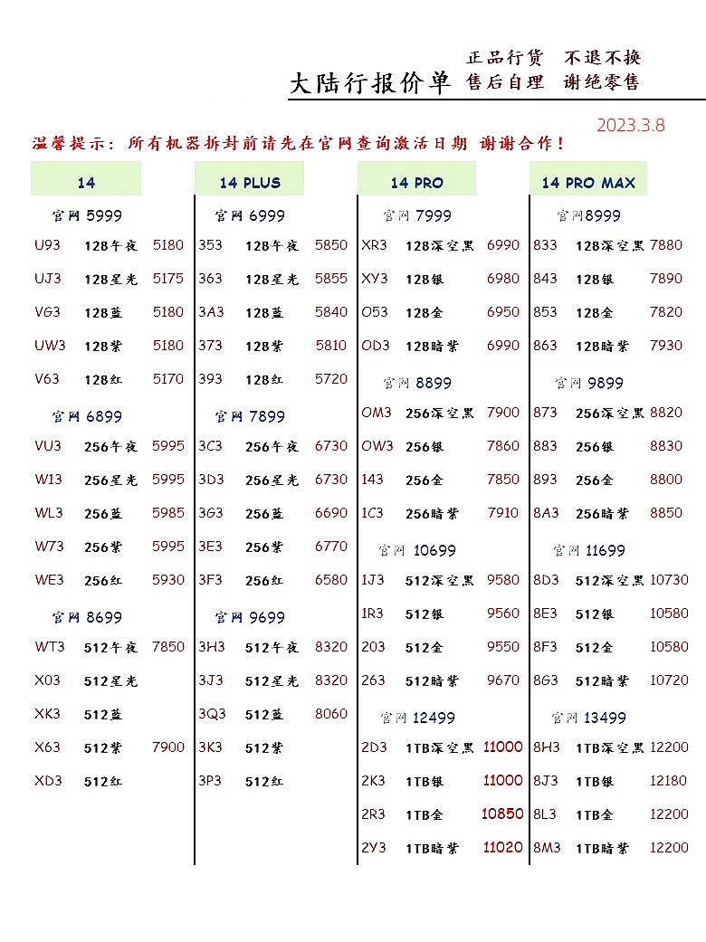 2023年2月华强北手机拿货价格表,2023年8月手机批发价格表