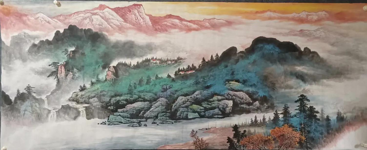 办公室山水画背景墙挂画流水生财,鸿运当头山水画背景墙办公室