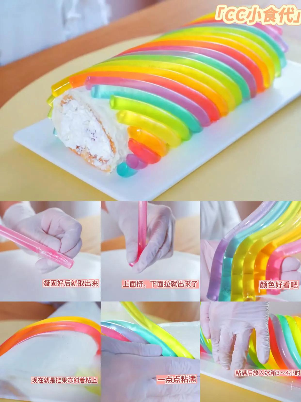 彩虹果冻蛋糕,彩虹果冻蛋糕卷怎么做