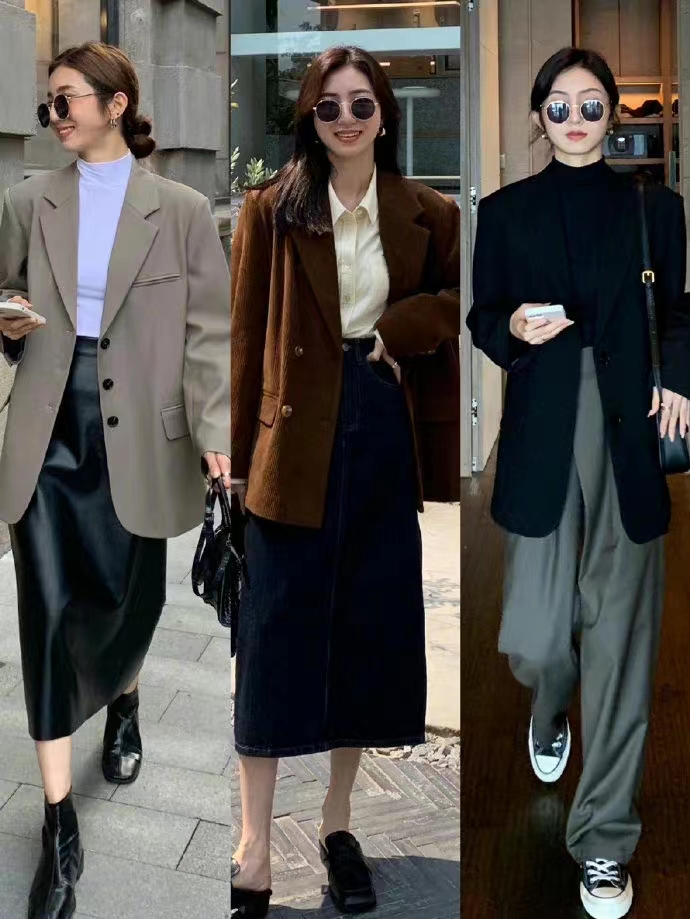 冬季休闲杏色西装外套穿搭小个子,慵懒风竖条纹西装外套怎么搭配