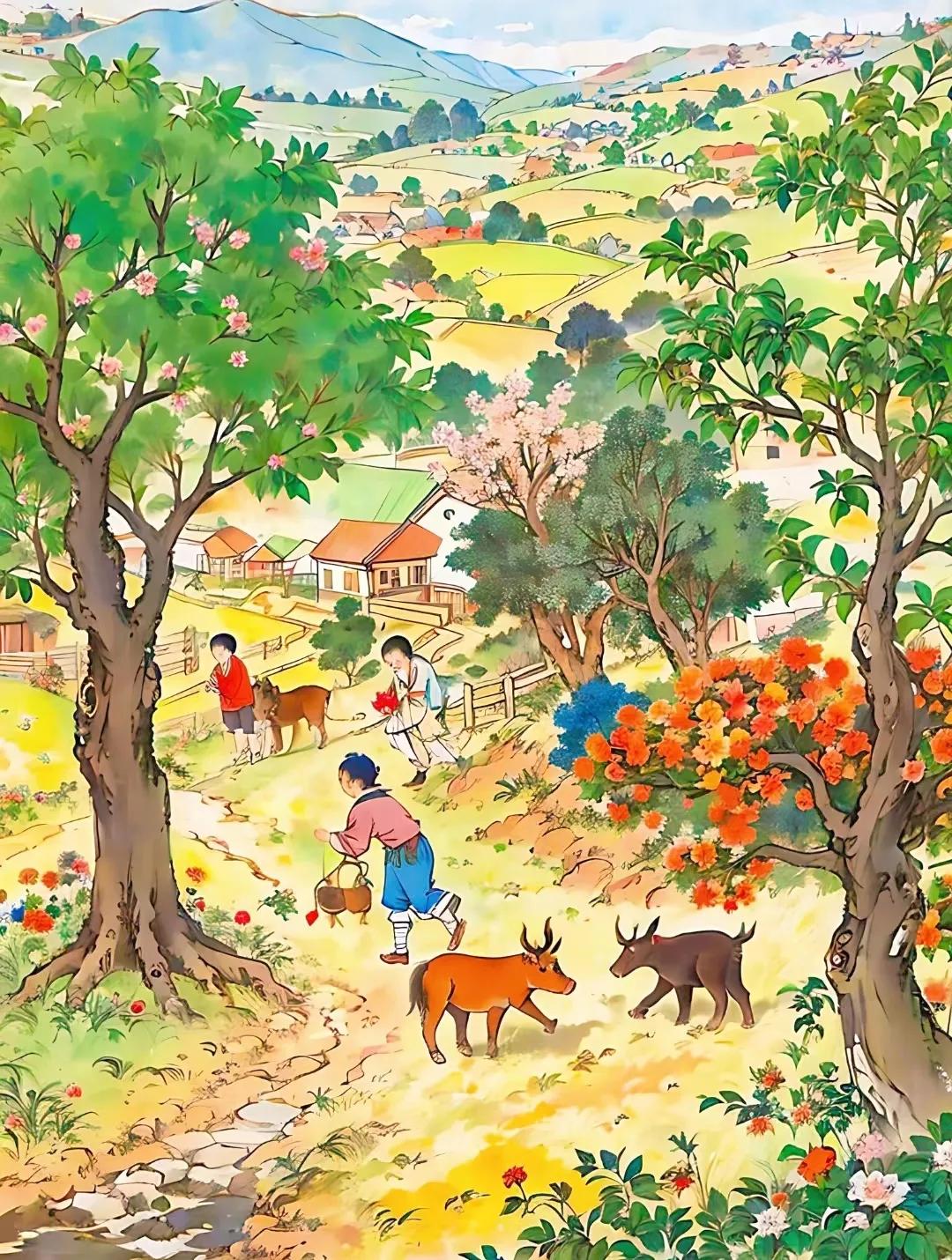 唯美治愈插画田园风,好看的古代风景田园插画