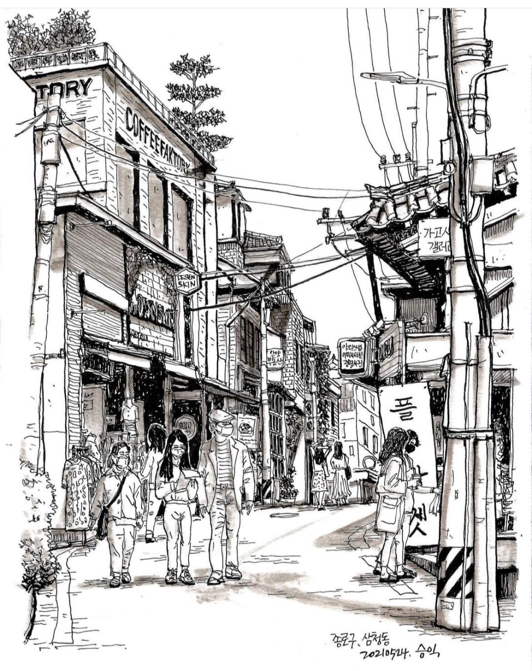 日本画家创作的铅笔街景速写,韩国速写大师