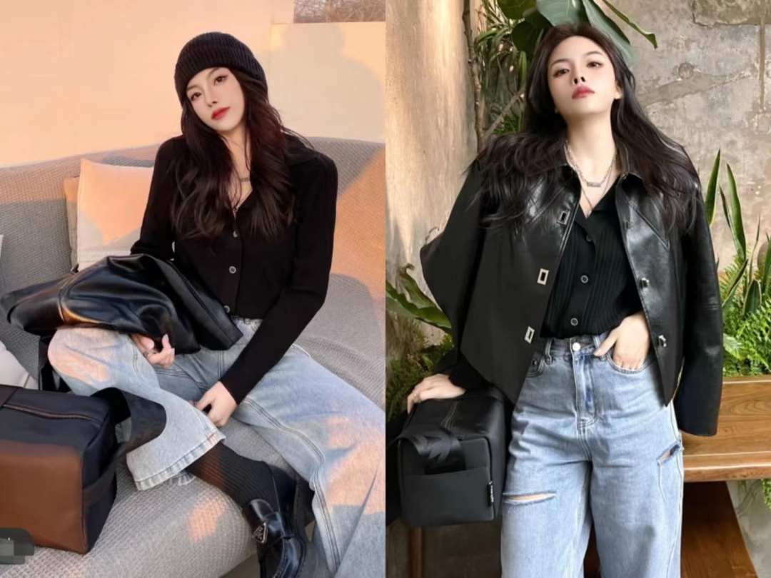 秋冬黑色宽松皮衣两件套,40-50岁洋气皮衣套装