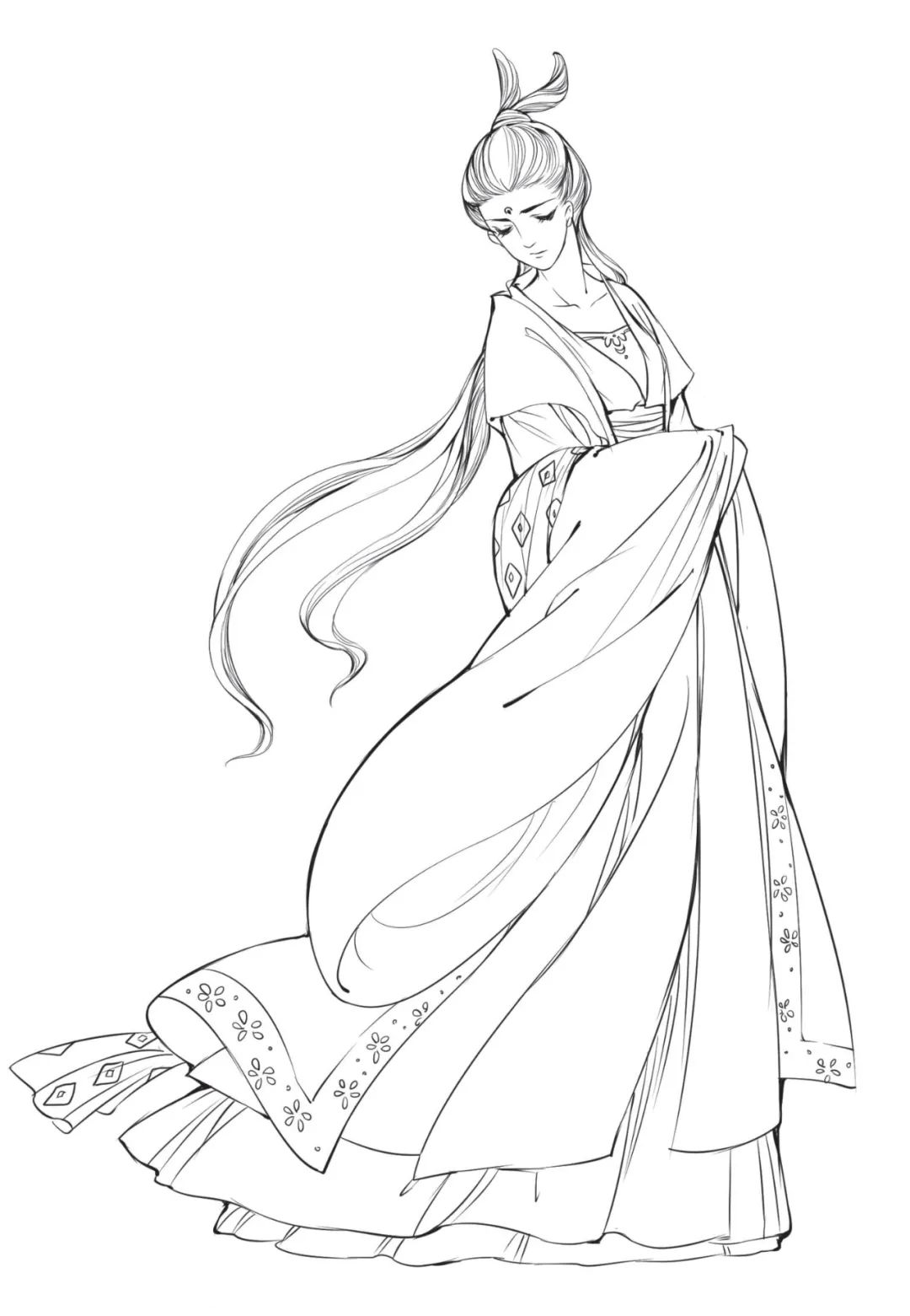 手绘山海经古风人物线稿,手绘动漫古风女生线稿简单