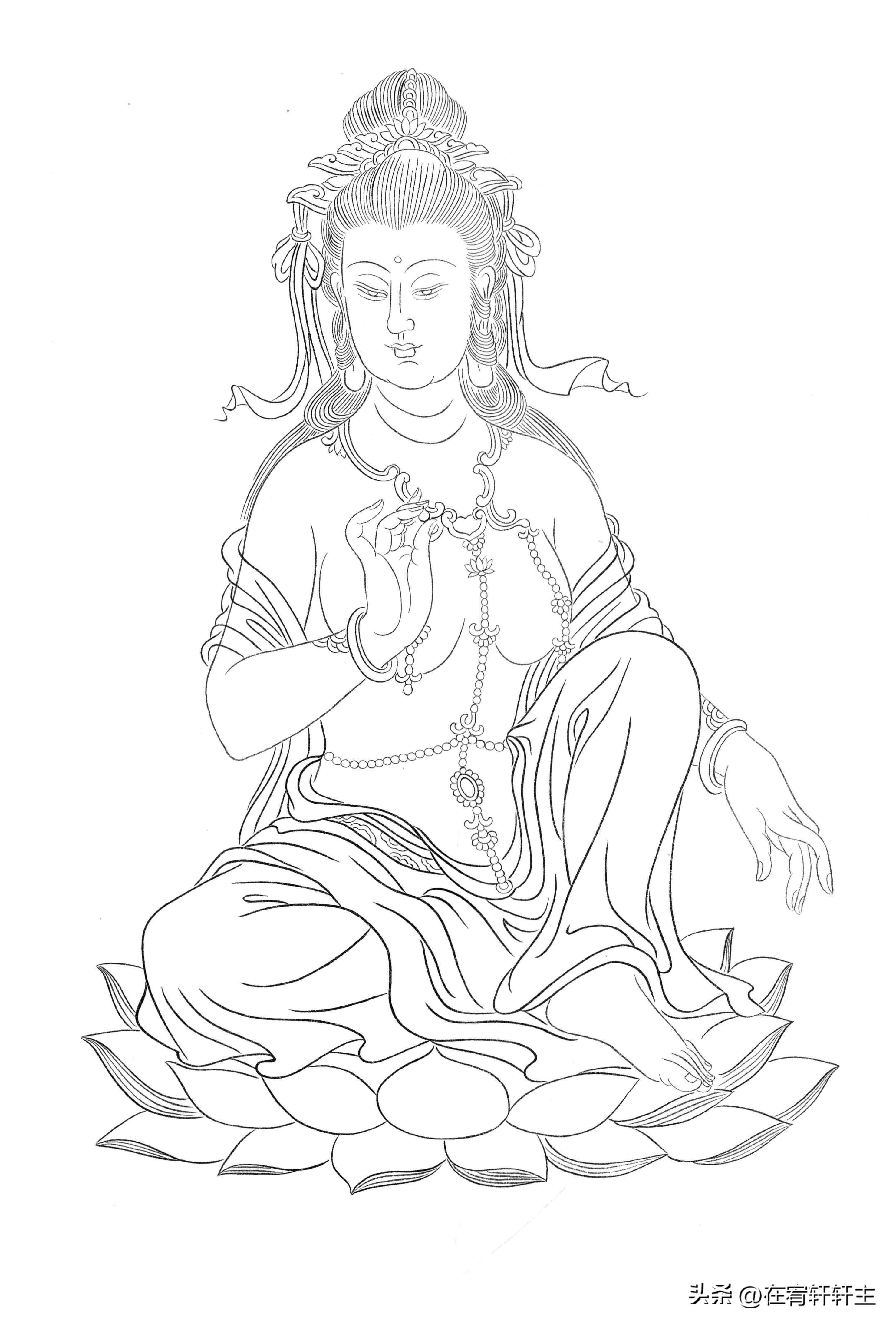 工笔白描观音苏柏斗,工笔画国画白描观音