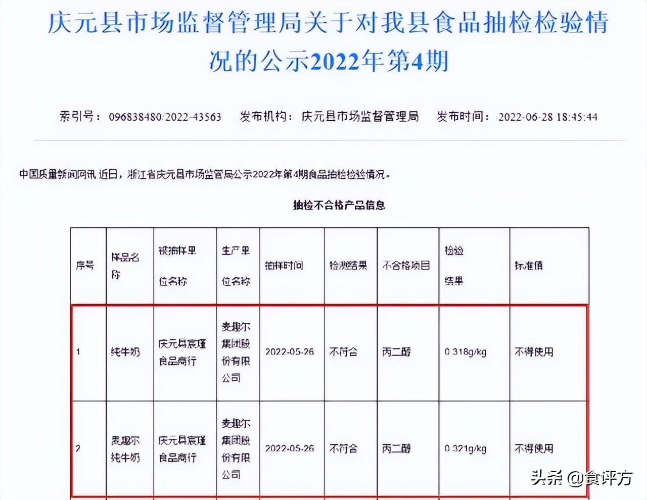 四川成都麦趣尔牛奶丙二醇事件,麦趣尔纯牛奶检出丙二醇后续