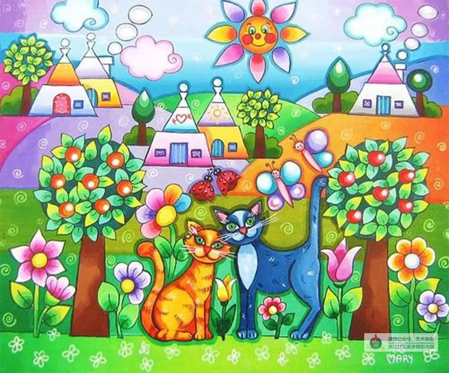 春日古诗配图儿童画,春日荡秋千放风筝儿童画