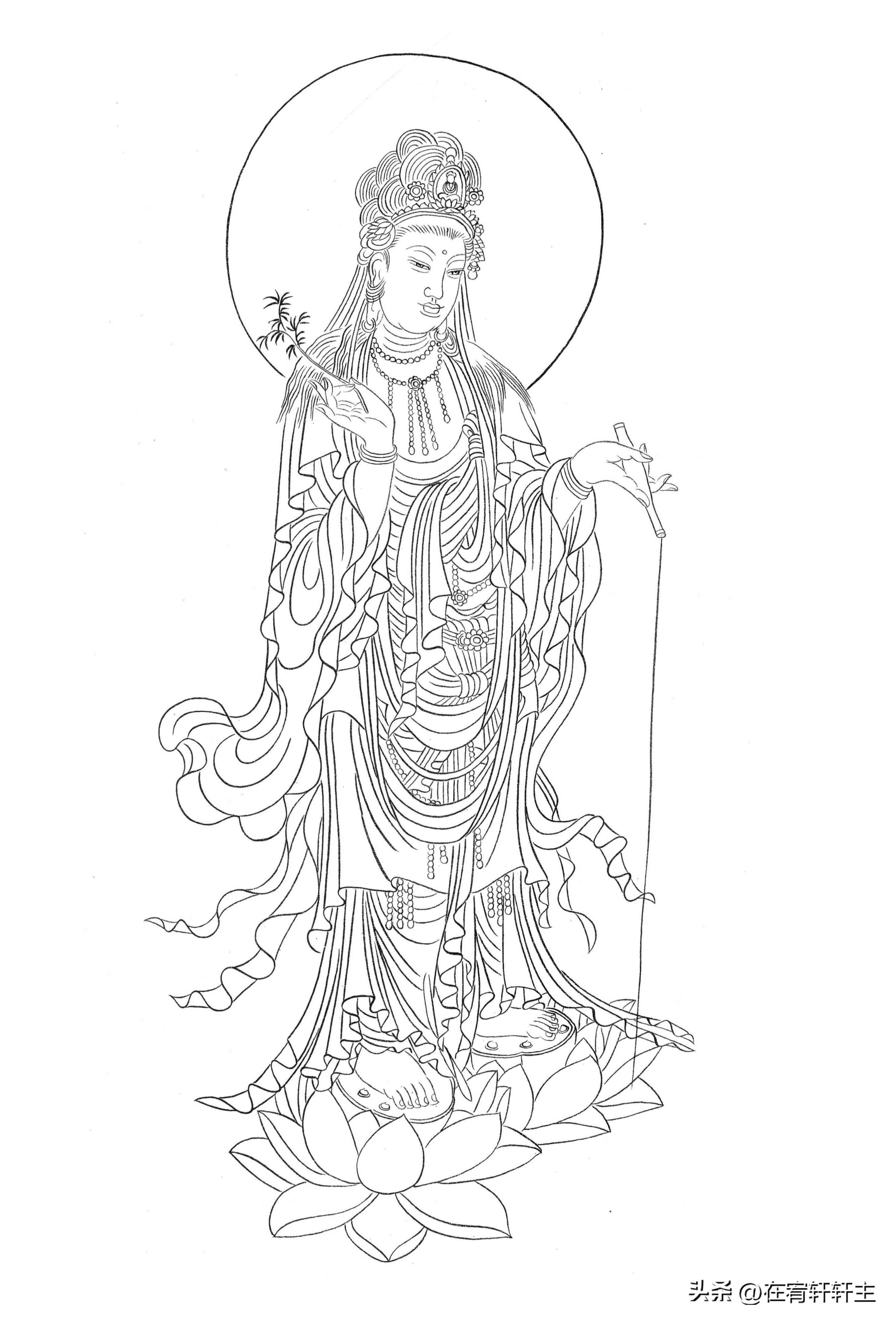 工笔白描观音苏柏斗,工笔画国画白描观音