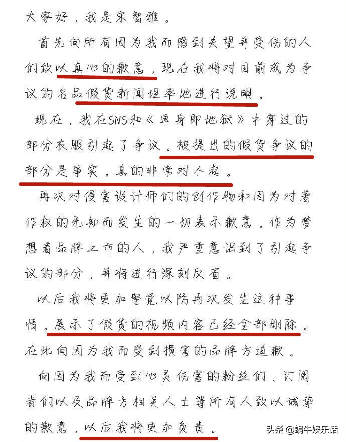 宋智雅为穿假货道歉翻译,宋智雅本人回应假货事件