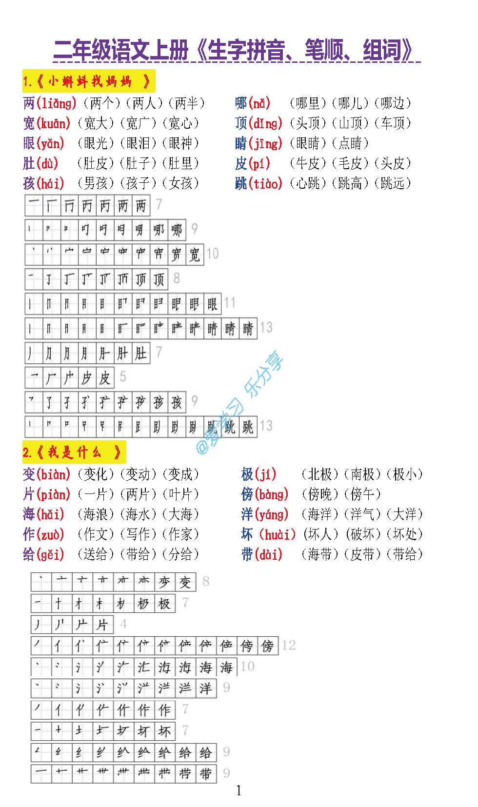 二年级下册生字笔顺表组词打印版,二年级上册写字表组词和笔顺