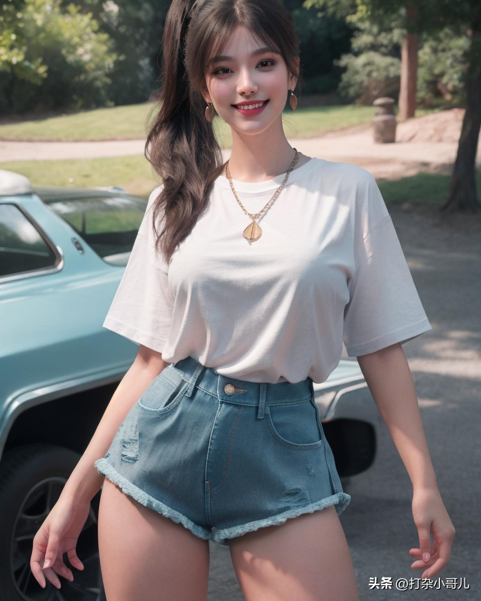 夏日穿搭黑短袖黑短裤,女款t恤穿搭女士牛仔短裤方法