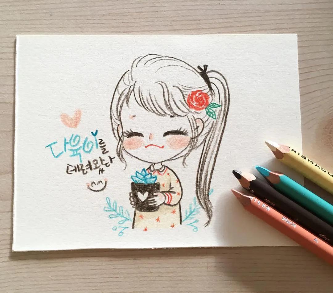 彩铅绘画7-15岁简笔画可爱又简单,可爱彩铅简笔画简单的少女