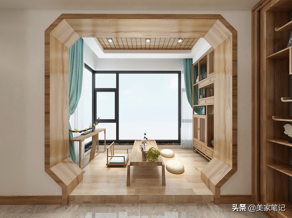 别墅新中式原木色禅意茶室背景,新中式原木色禅意风格装修效果图