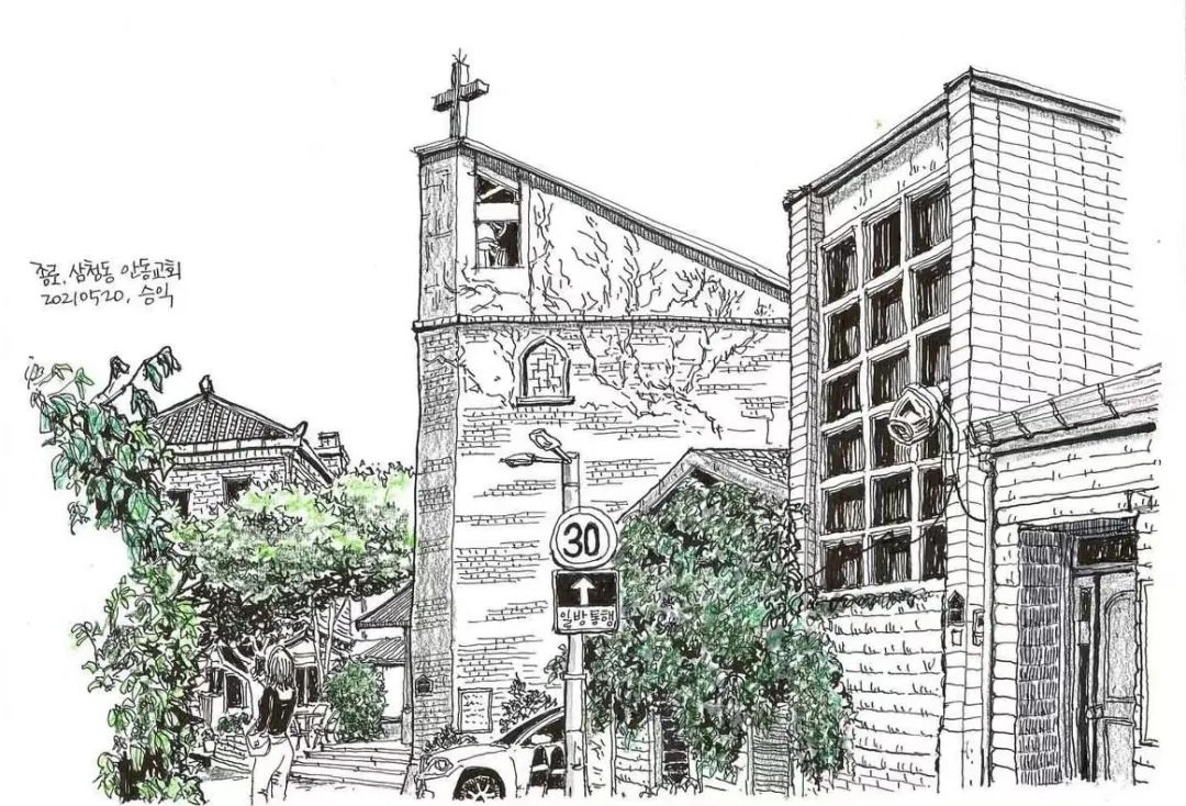 日本画家创作的铅笔街景速写,韩国速写大师