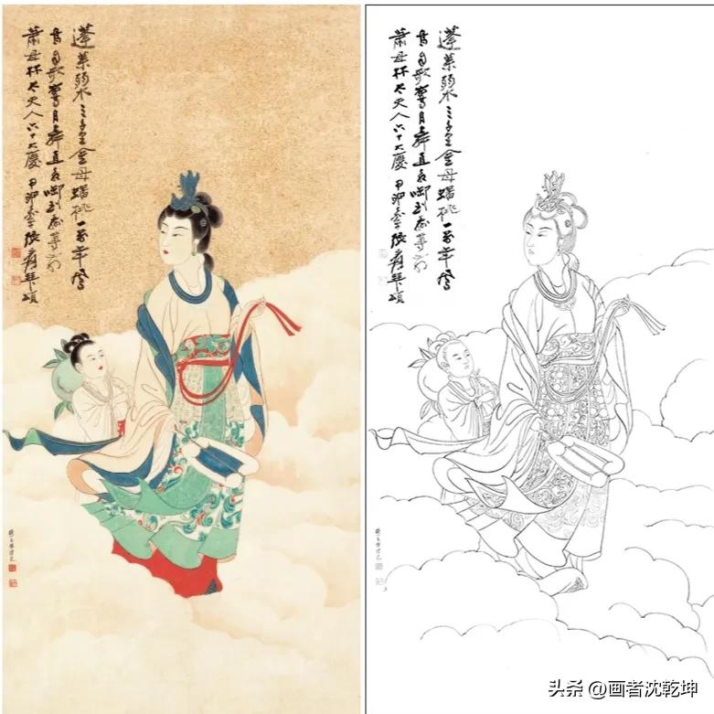 张大千临摹敦煌壁画白描稿,张大千工笔人物头部白描
