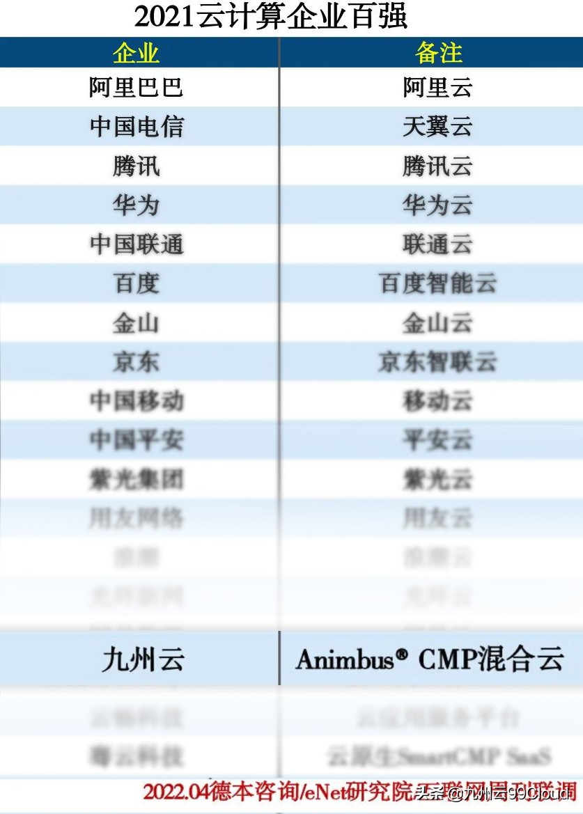 2019云计算企业百强榜,九州云公司