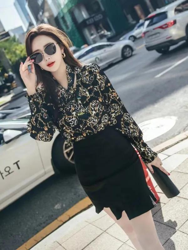 女式豹纹长袖衬衫雪纺时尚上衣,豹纹衬衫长袖雪纺女款2022款时尚