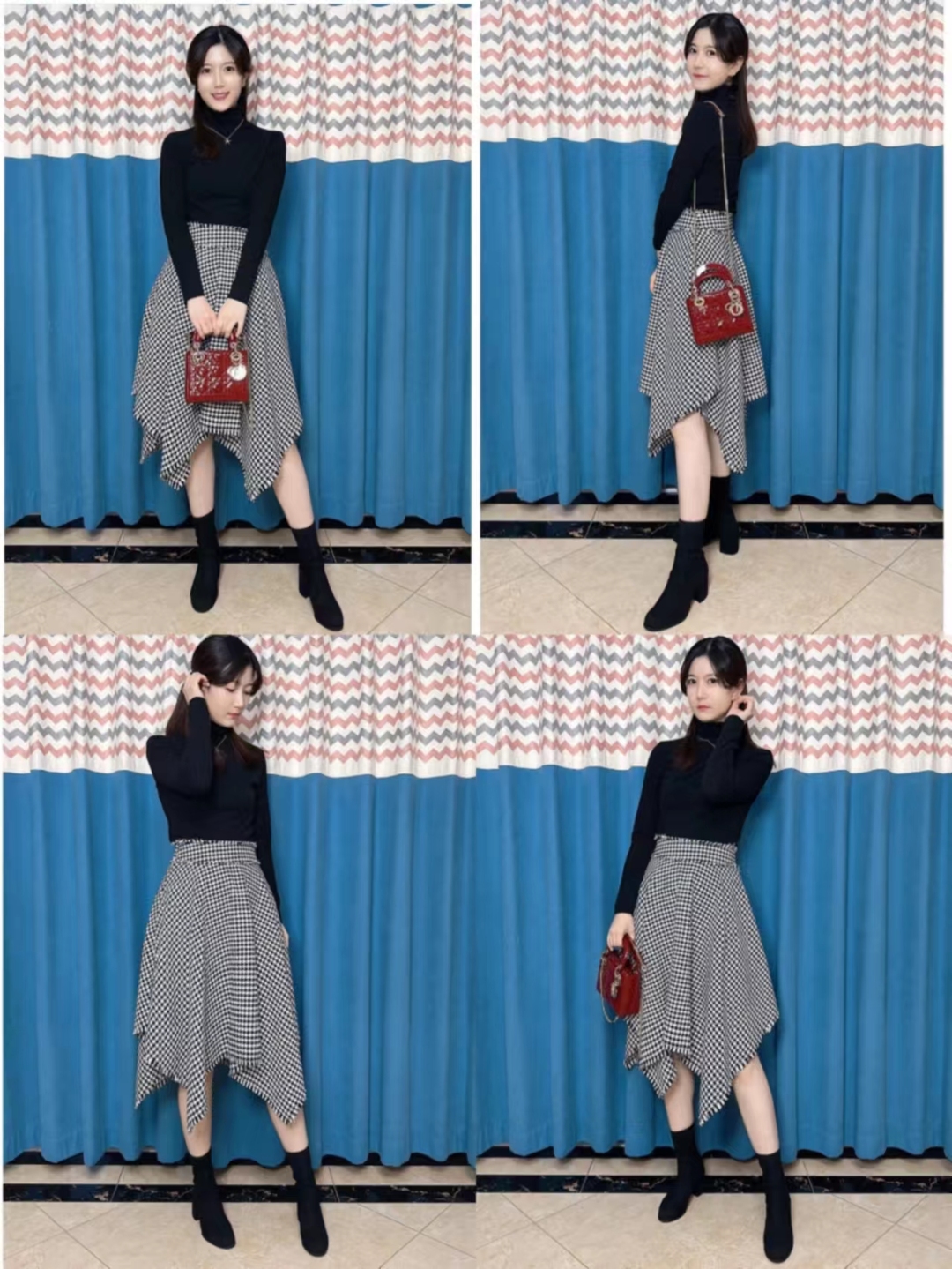 千鸟格半身裙秋冬款a字版30岁,黑白千鸟格半身裙配原绒色毛衫
