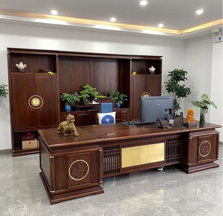 老板办公桌椅组合简约现代大班台,老板办公室柜子效果图新中式