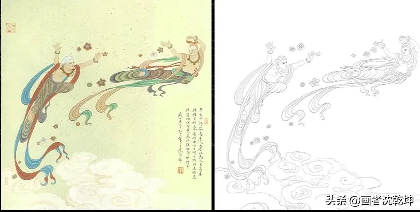 张大千临摹敦煌壁画白描稿,张大千工笔人物头部白描