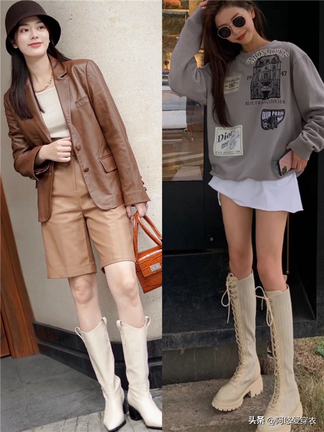 米白色马丁靴秋季穿搭,秋季米白色长筒靴穿搭