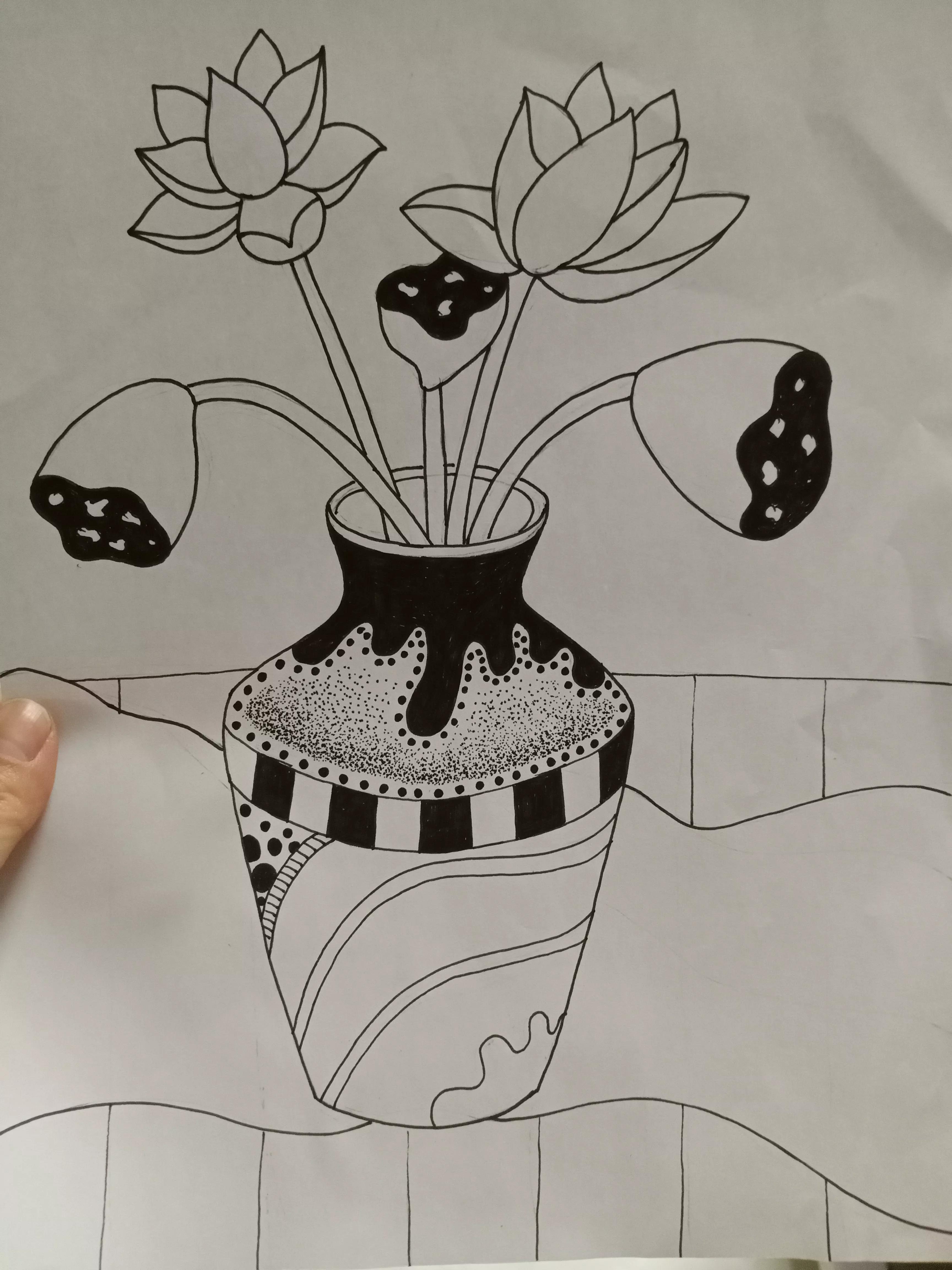 花瓶里的花线描画,线描画花瓶教学视频