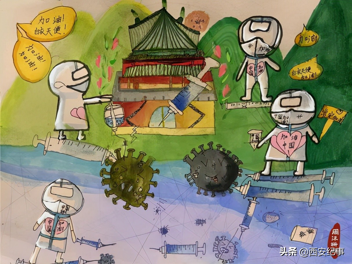 童心共绘抗击疫情的绘画作品,童心抗疫致敬先锋美术作品