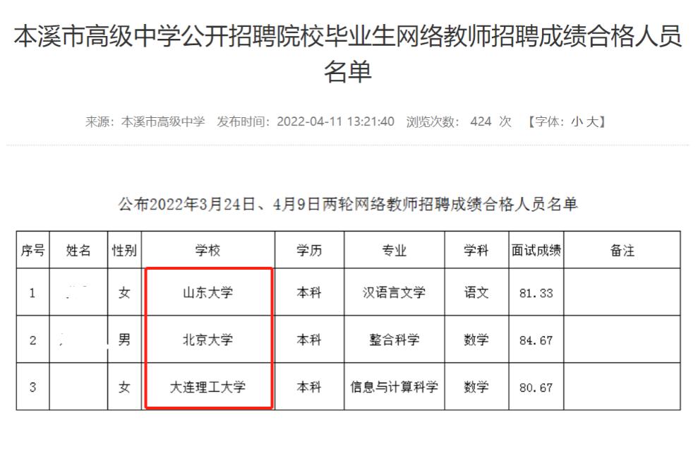 北大毕业回五线城市？本溪高中招聘教师，名校生学历背景惹争议