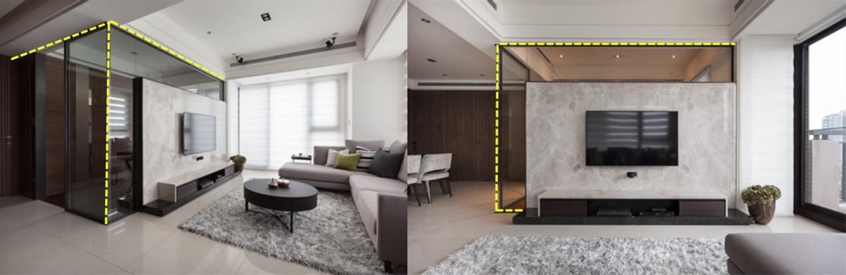 一半墙一半玻璃隔断卧室和客厅图,用电视墙来做客厅隔断实用又美观
