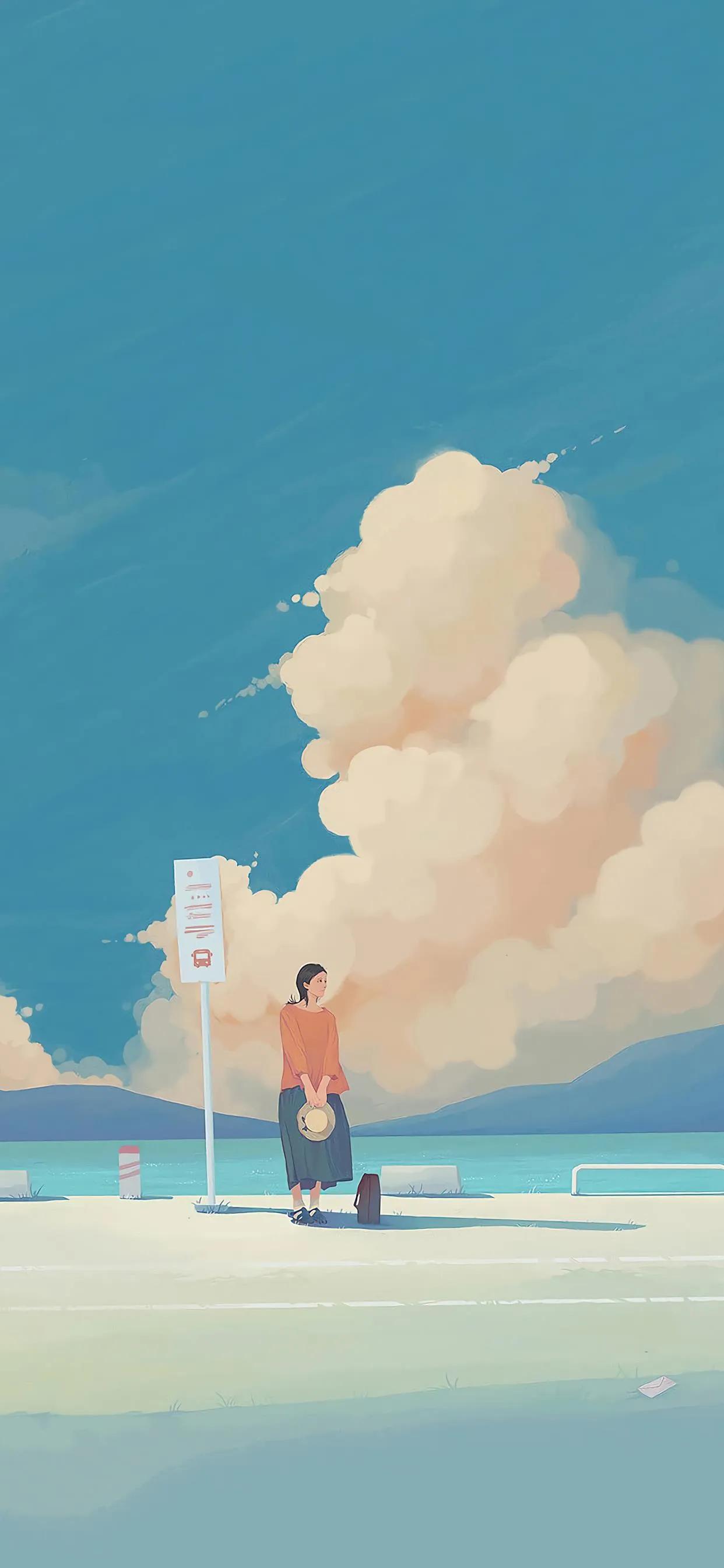 萌图100张可爱壁纸,春日海边小镇壁纸插画