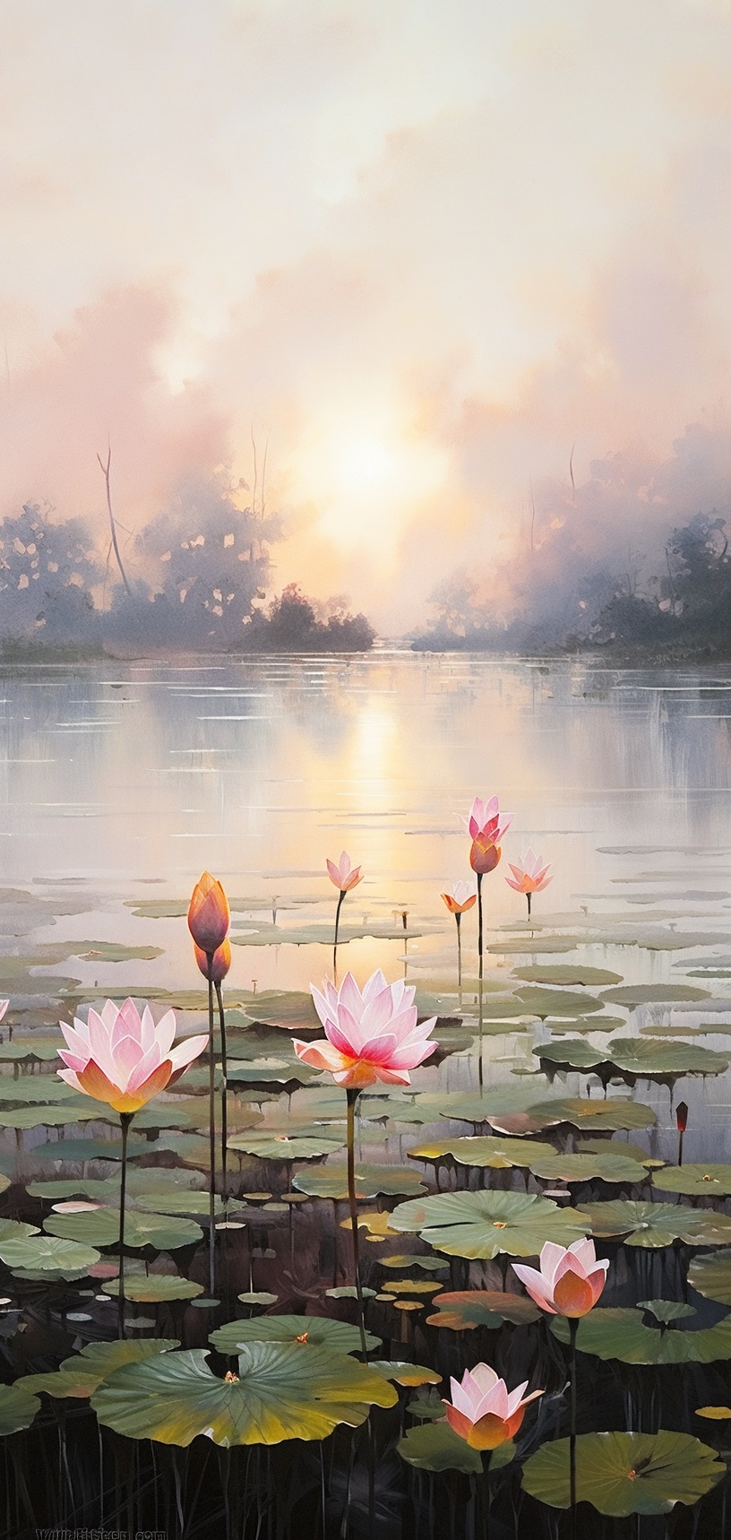 荷塘月色绝美油画,禅意荷塘油画