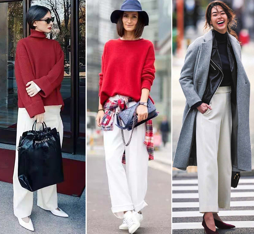 白裤子秋冬搭配白衬衣毛衣,适合搭白色裤子的毛衣外套
