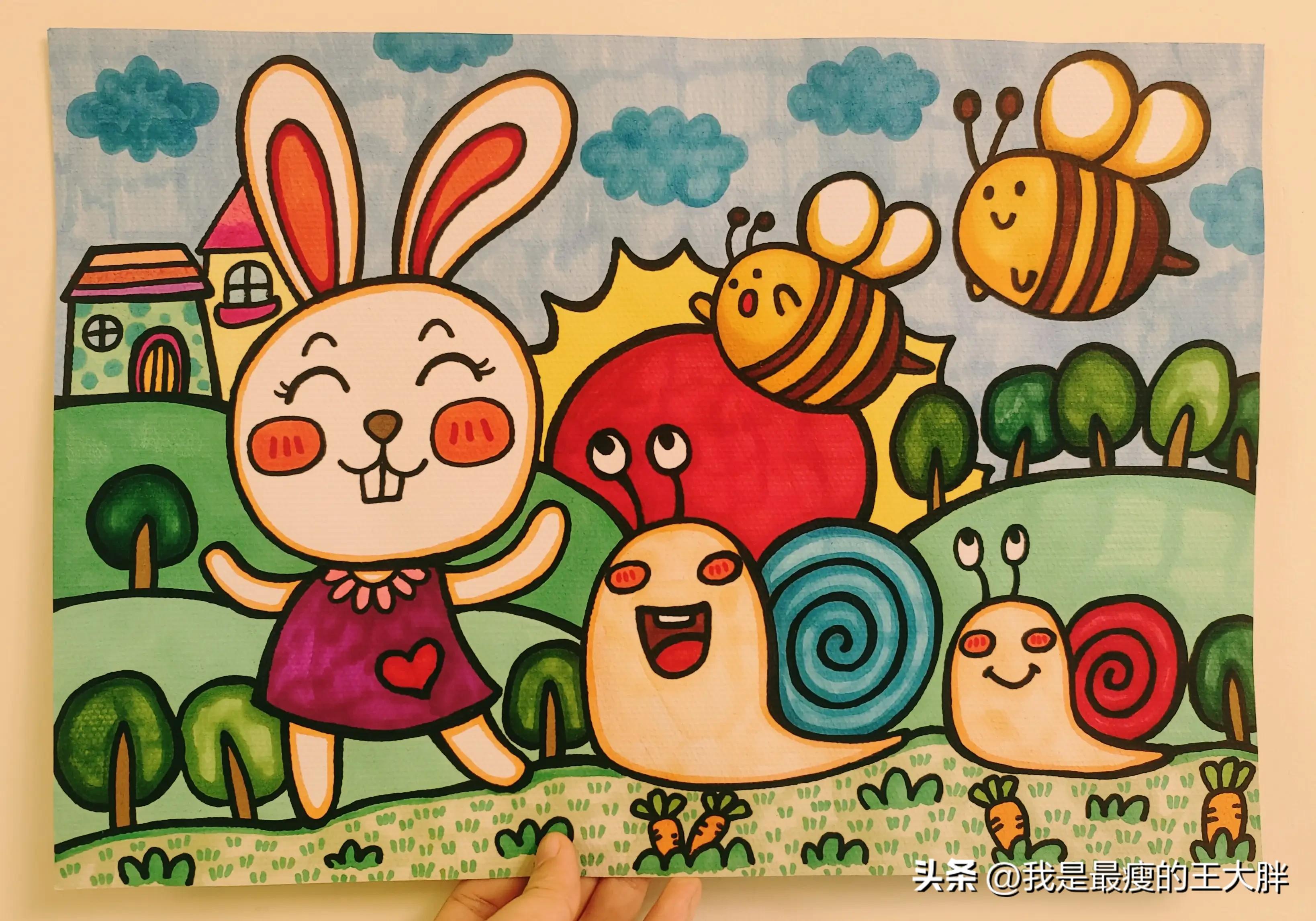 情景简笔画，动物简笔画。春天来了，小兔子和蜗牛去踏青儿童画