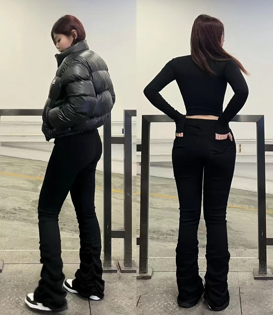 19冬羽绒服穿搭,韩款黑色羽绒服搭棕色长靴