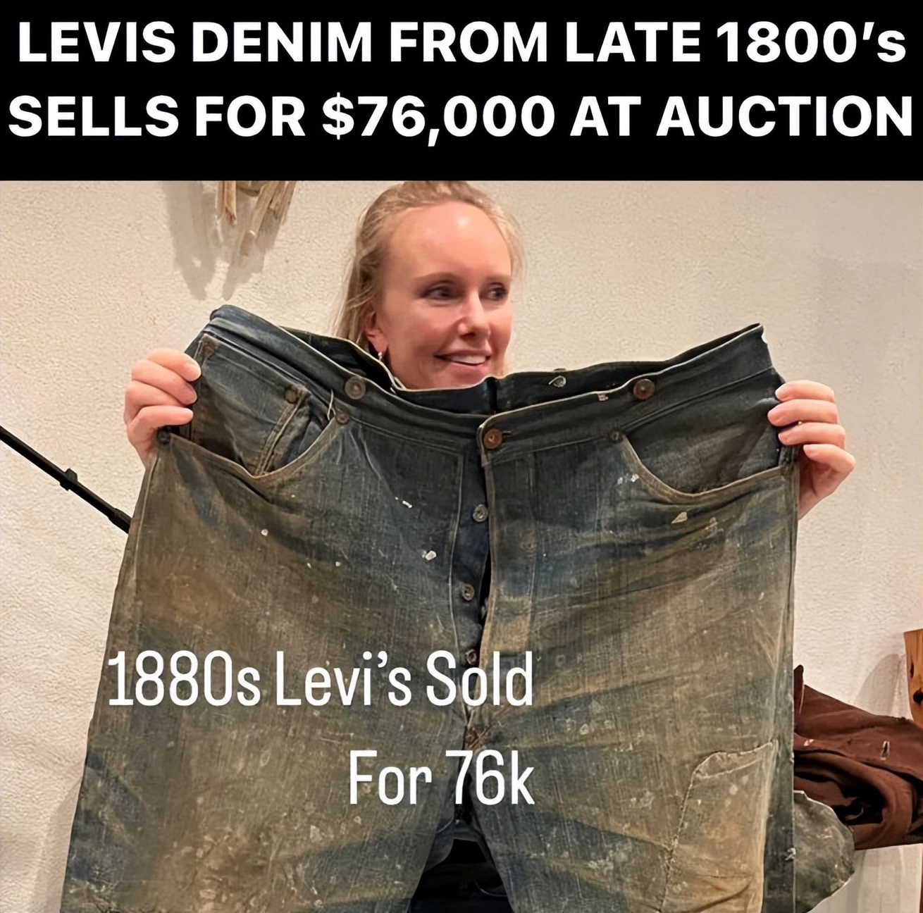 140年前标有*华反**口号的牛仔裤55万元售出，网友：欠中国一个道歉