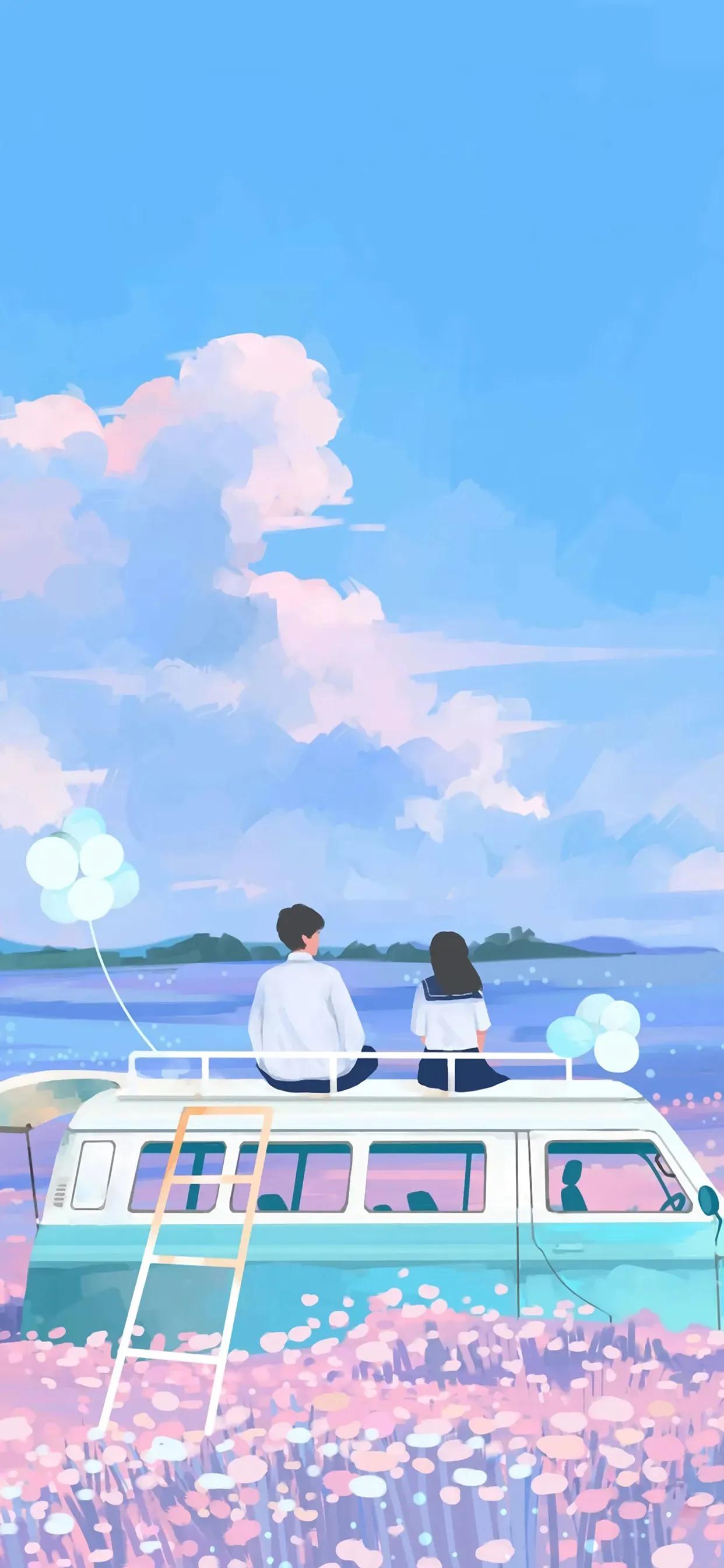 萌图100张可爱壁纸,春日海边小镇壁纸插画