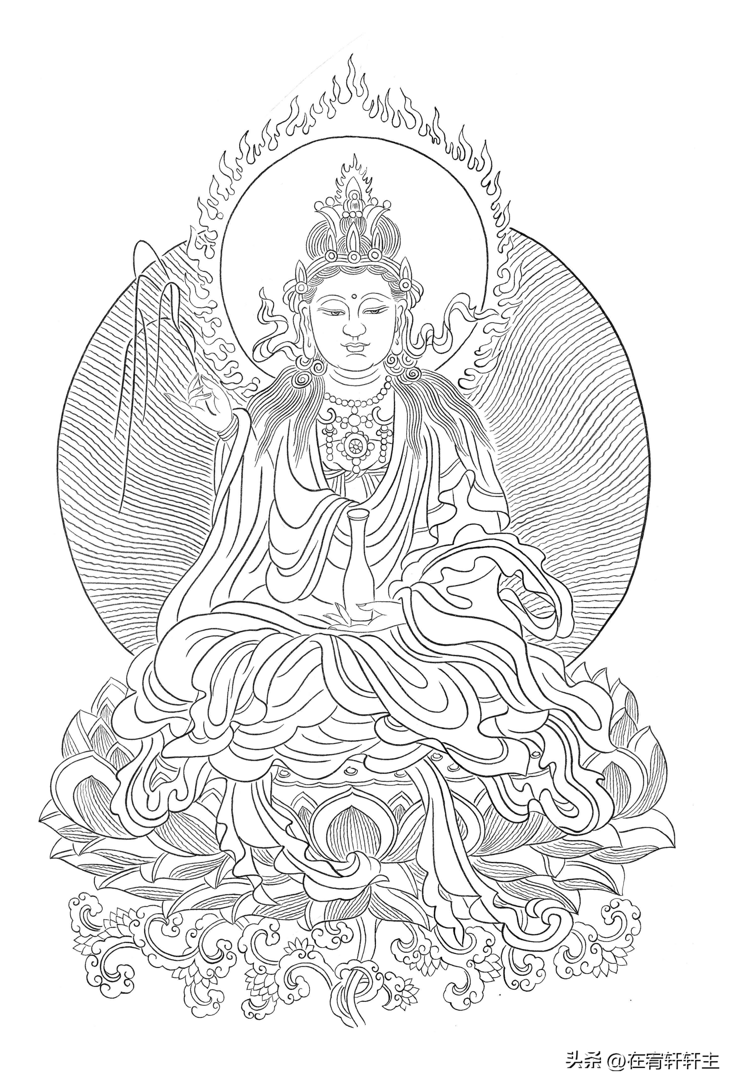 工笔白描观音苏柏斗,工笔画国画白描观音