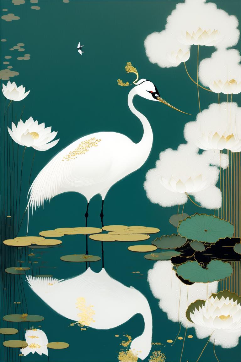 水墨画荷花中的芦苇水草,水墨荷花水中倒影绘画