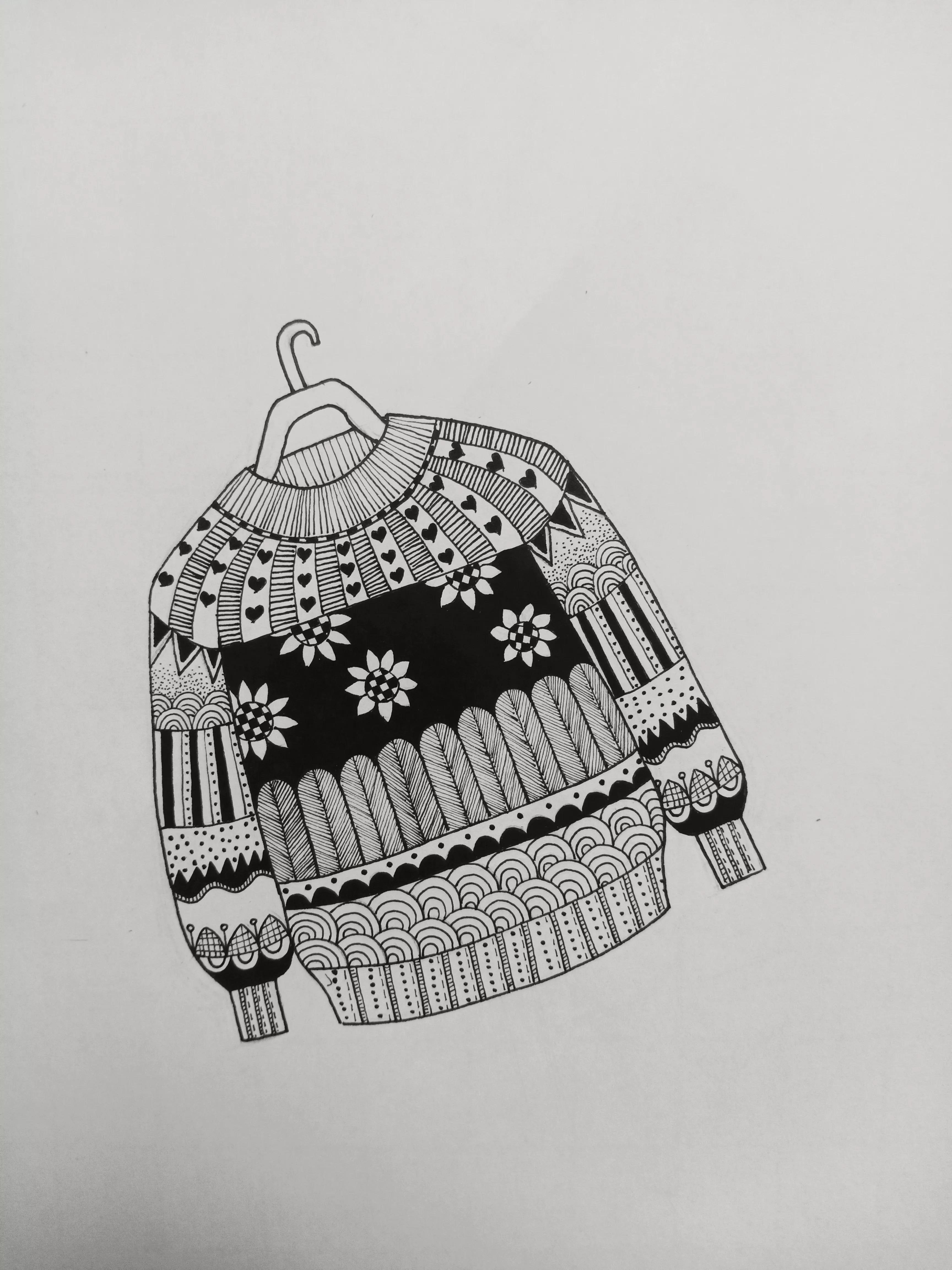 画毛衣线描画,女生红色毛衣线稿绘画教程