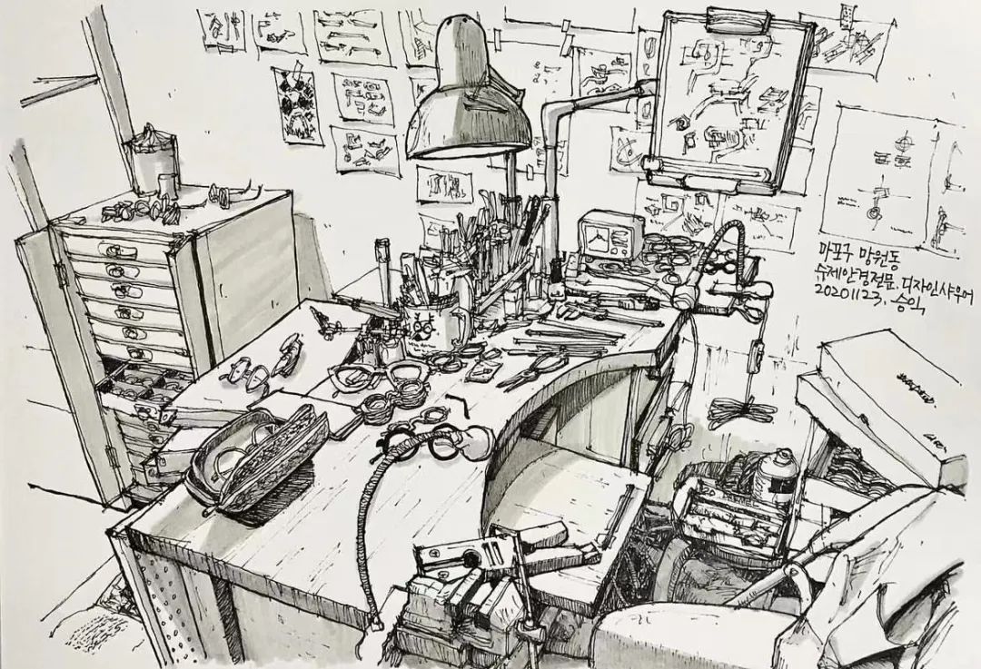 日本画家创作的铅笔街景速写,韩国速写大师